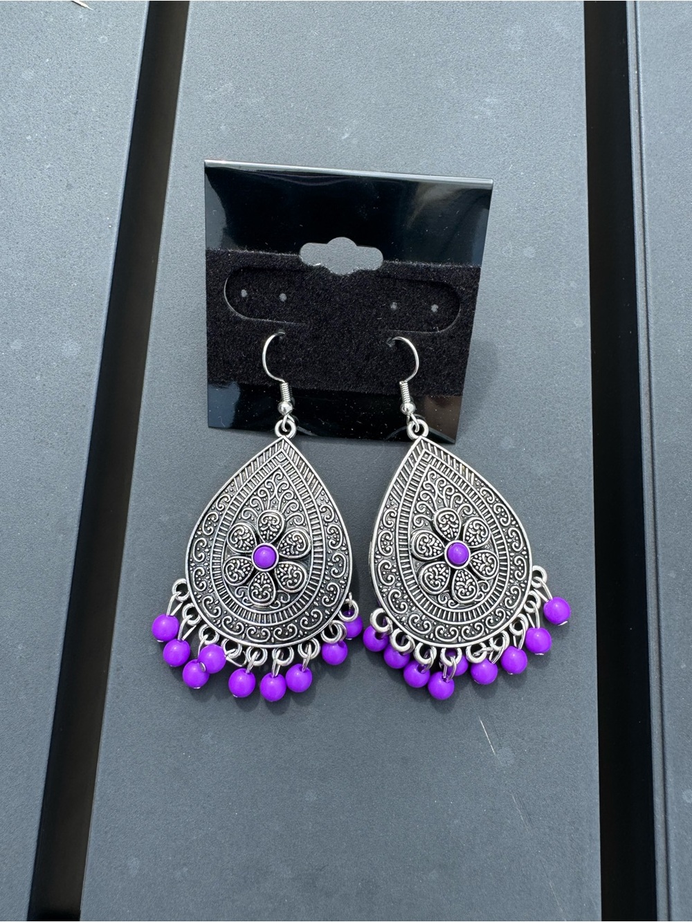 $12 or 3/$30! Silver Teardrop Earrings with Purple Bead Fringe